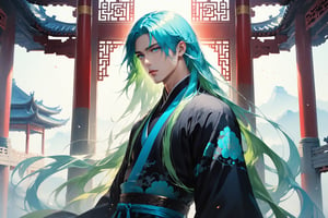 masterpiece, beautiful and aesthetic, ultra detail, intricate, solo, 1male, 25 years old, handsome, (long eyes, blue eyes), (long hair, Split-color Hair, Light Green Hair, Blue Hair), tall, (Han Chinese Clothing, black, flowing robe), radial side view, dynamic pose, heroic stance, creating a picturesque view of a heavenly palace, bathed in soft and ethereal light.