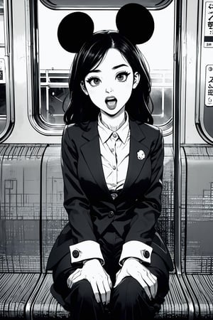 Boichi manga style, monochrome, greyscale, solo, a young lady, blone hair, trouser suit, Mickey Mouse ears, she was sitting in the train privacy compartment, surprised eyes, open mouth, (a finger show up), ((masterpiece))