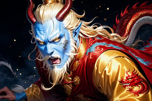 masterpiece, beautiful and aesthetic, ultra detail, intricate, 1man, solo, 55 years old, detailed character design, (Chinese dragon fetures, dragon eyes, dragon nose, dragon beard), blue face, glistening scales skin, domineer expression, (messy golden hair, red mane), (fatty:1.5), golden imperial robe, upper body, dynamic pose, Inspired by Chinese mythology story, dragon palace