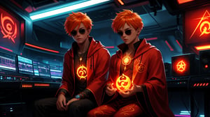 In a dimly lit, futuristic radio studio, a lone figure sits, surrounded by sleek equipment and neon-lit screens. The subject, a boy with vibrant orange hair, short and styled to perfection, dons trendy sunglasses and a flowing red robe adorned with intricate flame tattoos. A flame pentagram necklace glows around his neck as he intently focuses on the music playing through the speakers. In the background, a Taiji symbol hangs, its abstract design adding an air of mysticism to the scene. The subject's confident pose exudes coolness, as if he's lost in the rhythm and destiny is within grasp.