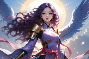 masterpiece, beautiful and aesthetic, ultra detail, intricate, In Chinese mythology, solo, 1girl, a heavenly guardian, big eyes, pink lips, pretty, long curly hair, purple hair, tall and thin, (Han Chinese Clothing, armor, pants), from view, dynamic pose, poised as if ready to gallop into battle, creating a picturesque view of a heavenly palace, bathed in soft and ethereal light.