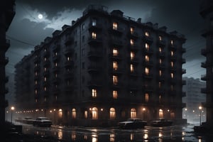 Dark Moody Atmosphere, {prompt}, dramatic, mysterious, dark moody atmosphere, masterpiece, beautiful and aesthetic, ultra detail, intricate, cinematic scenic view of apartment building, lights on, dirty, messy, old, midnight