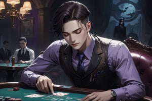 horror-themed {prompt} . eerie, unsettling, dark, spooky, suspenseful, grim, highly detailed, masterpiece, beautiful and aesthetic, ultra detail, intricate, 1male, solo, 23 years old, detailed character design, delicate face, a look of confidence, smirk, closed eyes, (dark hair, Classic Undercut), silver waistcoat, purple shirt, deep blue tie, cigar in mouth, on card table, (a female ghost background), in the casino 