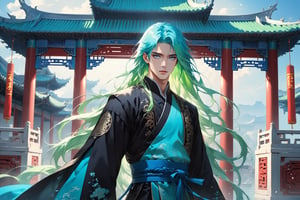 masterpiece, beautiful and aesthetic, ultra detail, intricate, solo, 1male, 25 years old, handsome, (long eyes, blue eyes), (long hair, Split-color Hair, Light Green Hair, Blue Hair), tall, (Han Chinese Clothing, black, flowing robe), dynamic pose, heroic stance, creating a picturesque view of a heavenly palace, bathed in soft and ethereal light.