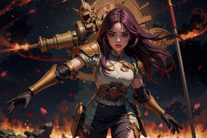 masterpiece, best quality, ultra detailed, UHD, detailed character design, In Chinese mythology, solo, 1girl, beauty, detailed face, delicate features, a look of determination, big eyes, pink lips, long curly hair, purple hair, tall and thin, (accurate body and hand anatomy), general, power armor, radial side view, dynamic pose, heroic stance, command the armies, standing on the podium, training scene, ancient China style, boichi manga style