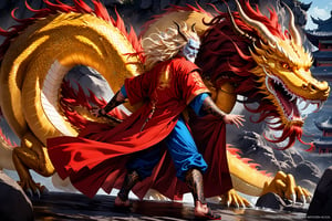 masterpiece, beautiful and aesthetic, ultra detail, intricate, 1man, solo, 55 years old, (Dragon King), detailed character design, (Chinese dragon features, dragon eyes, dragon nose, dragon beard), (messy hair, golden hair), (blue skin, glistening scales skin), tall and strong, (red imperial robe), from behind, dynamic pose, Inspired by Chinese mythology story, dragon palace