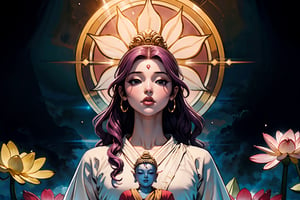 In Chinese mythology, solo, 1girl, beauty, detailed face, delicate features, serene expression, divine, eyes closed, pink lips, long curly hair, purple hair, tall and thin, ethereal glow, celestial aura, warrior, armor, long robe, (digital masterpiece illustration concept art of porcelain statue of buddha gautama, varasana, lotus, padmasana:1.2), bathed in soft, ethereal light, boichi manga style