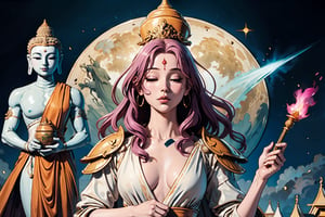 In Chinese mythology, solo, 1girl, beauty, detailed face, delicate features, serene expression, divine, eyes closed, pink lips, long curly hair, purple hair, tall and thin, ethereal glow, celestial aura, warrior, armor, long robe, (digital masterpiece illustration concept art of porcelain statue of buddha gautama, varasana, padmasana:1.2), bathed in soft, ethereal light, boichi manga style