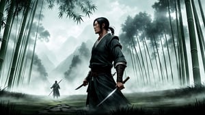 Two swordsmen stand poised in a misty bamboo forest, their eyes locked in a silent standoff. The air is heavy with tension as they prepare to face off in a decisive duel. The camera frames them within a serene landscape, where towering bamboo stalks stretch towards the sky like sentinels. A faint mist shrouds the scene, imbuing the atmosphere with an eerie stillness. The swordsmen's intense gazes convey a sense of determination and foreboding, as if they are frozen in anticipation of the impending clash. In the background, the panoramic view of the forest stretches out, a tranquil backdrop to the high-stakes confrontation unfolding before it.
