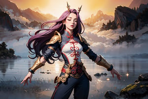 masterpiece, extreme quality, ultra detailed, intricate, UHD, HDR, In Chinese mythology, solo, 1girl, calm look on face, eyes closed, pink lips, pretty, long curly hair, purple hair, tall and thin, (Han Chinese Clothing, armor, pants), digital masterpiece illustration concept art of porcelain statue of Vitruvian Man in merkabah, varasana, lotus, padmasana, (fogbound, foggy, misty:1.5), ancient China style, boichi manga style