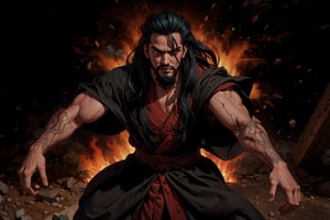 Chinese mythology story, solo, 1man, forty years old, long black hair, two beards, (accurate body and hand anatomy), aqua Taoist robe, thin and tall, fierce expression, dynamic pose, bold gestures , (push forward), (straigh on), boichi manga style