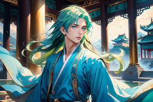 masterpiece, beautiful and aesthetic, ultra detail, intricate, solo, 1male, 25 years old, handsome, (long eyes, blue eyes), (long hair, Split-color Hair, Light Green Hair, Blue Hair), tall, Han Chinese Clothing, (flowing robe, dark green robe), (upper body), dynamic pose, heroic stance, creating a picturesque view of a heavenly palace, bathed in soft and ethereal light.