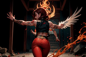Chinese mythology, solo, 1female, monster_girl, short hair, dark red hair, (facial marks), fierce face, evil face, fangs, sexy lips, (pointed ears), (dark skin), strong body, (phoenix tattoo), (a single wing behind:1.2), dark red vest, long pants, a heavenly guardian, its normally radiant aura now dimmed by mortal wounds, bursts into the grand hall with frantic urgency. The once-stalwart warrior's usually unyielding expression is replaced by a look of desperation as it rushes to convey crucial information to the gathered officials. In a chaotic flurry of motion, the injured god stumbles forward, its usually immaculate attire now disheveled and bloodied, dynamic pose, (running:1.2), (from behind:1.2), Chinese martial arts animation style