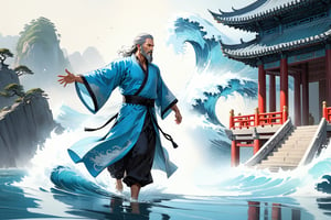 masterpiece, beautiful and aesthetic, ultra detail, intricate, Chinese martial arts animation style, divine, manly, legendary, 1male, solo, (40 years old:1.5), detailed character design, a look of determination, two beards, long grey hair, tall and thin, aqua Taoist robe, wide angle view, dynamic pose, walking on water, creating a picturesque view of a heavenly palace, wave, bathed in soft and ethereal light.