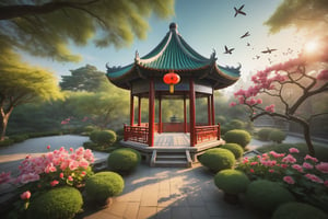 A majestic, intricately designed octagonal pavilion stands at the heart of an ancient Chinese palace-style garden, bathed in warm HDR lighting that simulates the soft glow of lanterns. Vibrant flowers bloom in every direction, as birds sing sweet melodies amidst lush greenery. Spring's essence permeates the air, despite being an eternal scene. Inspired by Chinese mythology, this 2D anime-inspired masterpiece features ultra-detailed textures and extreme quality rendering.