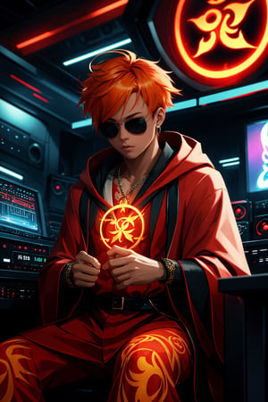 In a dimly lit, futuristic radio studio, a lone figure sits, surrounded by sleek equipment and neon-lit screens. The subject, a boy with vibrant orange hair, short and styled to perfection, dons trendy sunglasses and a flowing red robe adorned with intricate flame tattoos. A flame pentagram necklace glows around his neck as he intently focuses on the music playing through the speakers. In the background, a Taiji symbol hangs, its abstract design adding an air of mysticism to the scene. The subject's confident pose exudes coolness, as if he's lost in the rhythm and destiny is within grasp.