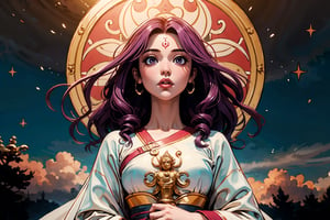 In Chinese mythology, solo, 1girl, beauty, detailed face, delicate features, serene expression, divine, big eyes, pink lips, long curly hair, purple hair, tall and thin, ethereal glow, celestial aura, warrior, armor, long robe, (digital masterpiece illustration concept art of porcelain statue of buddha gautama, varasana, padmasana), bathed in soft, ethereal/natural light, boichi manga style