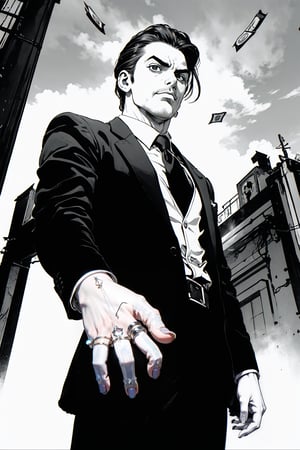 boichi manga style, monochrome, greyscale, an italian mafia member, He's tossing a handful of cash into the air, ((masterpiece))