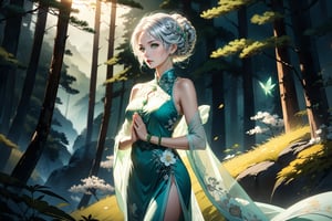 masterpiece, beautiful and aesthetic, ultra detail, intricate, 1female, a celestial ethereal ghostly Fairy, 50 years old, solo, detailed character design, grace, gentle nature, feminine soft face, light green eyes, (long hair, Braided updo, silver hair), hair ornament, tall, slender body frame, collarbone, bead_bracelet, (cheongsam, long, green), (holding a bead_necklace), medium full shot, dynamic pose, (a single hand in prayer pose), standing atop hill, Chinese martial arts animation style, pine woods in the background, Inspired by Chinese mythology story