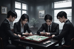 Dark Moody Atmosphere, {prompt}, dramatic, mysterious, dark moody atmosphere, masterpiece, beautiful and aesthetic, ultra detail, intricate, describes a group of company colleagues getting together to play mahjong after get off work