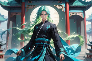 masterpiece, beautiful and aesthetic, ultra detail, intricate, solo, 1male, 25 years old, handsome, (long eyes, blue eyes), (long hair, Split-color Hair, Light Green Hair, Blue Hair), tall, (Han Chinese Clothing, black, flowing robe), (full shot:1.5), dynamic pose, heroic stance, creating a picturesque view of a heavenly palace, bathed in soft and ethereal light.