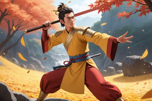 (2D anime style:1.5), masterpiece, beautiful and aesthetic, ultra detail, intricate, 1male, solo, Monkey King, one of the chief characters in “Pilgrimage To The West”, detailed character design, red hafu, golden armor, he wields a golden cudgel, (medium full shot:1.5), dynamic pose, Chinese martial arts animation style, outdoors, autumn leaves fluttering around, woods