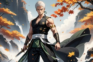 masterpiece, beautiful and aesthetic, ultra detail, intricate, 1male, solo, representation of the legendary martial artist, Roronoa Zoro features, detailed character design, serious expression, (white hair), exquisite body, strong abdominal muscles, (golden armlet:1.2), (black half gloves), black martial arts belt, (black Hanfu, sleeveless), black lace-up ankle brace, (he wields a single golden broadsword, unique and finely detailed), (full shot:1.5), dynamic pose, he stands tall and resolute, exuding an air of strength and unwavering determination. Chinese martial arts animation style, autumn leaves fluttering around, Inspired by Chinese mythology story