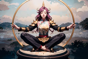 masterpiece, extreme quality, ultra detailed, intricate, UHD, HDR, In Chinese mythology, solo, 1girl, calm look on face, eyes closed, pink lips, pretty, long curly hair, purple hair, tall and thin, (Han Chinese Clothing, armor, pants), ((digital masterpiece illustration concept art of porcelain statue of Vitruvian Man in merkabah, varasana, lotus, padmasana)), (fogbound, foggy, misty:1.5), ancient China style, boichi manga style