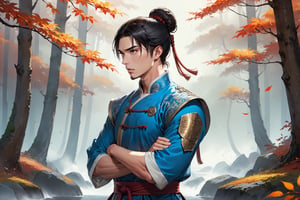 masterpiece, beautiful and aesthetic, ultra detail, intricate, (solo, 1male:1.5), 25 years old, detailed character design, a ancient Chinese knight, manly, a look of determination, bushy eyebrows, wide eyes, wide jaw, (black hair, a single hair bun), tall and lean, (Han Chinese clothing, brown), (side view:1.2), dynamic pose, (arms folded across the chest:1.2), forests, mists, autumn leaves fluttering around