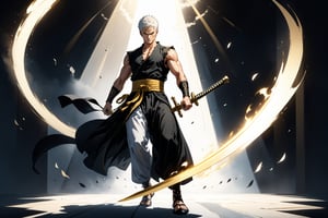 masterpiece, beautiful and aesthetic, ultra detail, intricate, 1male, solo, representation of the legendary martial artist, Roronoa Zoro features, detailed character design, serious expression, (white hair), exquisite body, strong abdominal muscles, (golden armlet:1.2), (black half gloves), black martial arts belt, (black Hanfu, sleeveless), black lace-up ankle brace, (((he wields a single golden broadsword, casting a dramatic arc of light and shadow as he deftly chops through the air))), from below:1.5, captured in mid-leap:1.5, Chinese martial arts animation style, peak under feet, white smokes