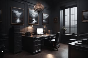 Dark Moody Atmosphere, {prompt}, dramatic, mysterious, dark moody atmosphere, masterpiece, beautiful and aesthetic, ultra detail, intricate, creating a picturesque view of a office