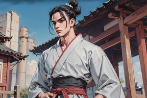 Masterpiece, best quality, detailed character design, UHD, (solo, 1male:1.5), 25 years old, a traditional Chinese physician, serene expression, manly, (wide jaw), (black hair, single bun:1.3), tall and lean, accurate body and hand anatomy, (hanfu, grey), elegant, looking at viewer, ancient street in the background, outdoors, ancient China style, boichi manga style