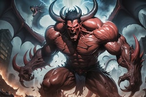 In a sweeping, 2D anime-style battle scene, a monstrous maw-filled demon, Scarface, stands victorious amidst the chaos. Its ghostly eyes glow with an otherworldly intensity as it bares its razor-sharp teeth in a fierce expression. Muscular flesh bulges beneath guiverring tumors, radiating power and menace. In the foreground, a wide-angle shot captures the demon's dynamic pose, showcasing its imposing stature. Vibrant colors and dramatic lighting evoke a sense of action-packed intensity, as if the scene is frozen in time, embodying the spirit of the wild.