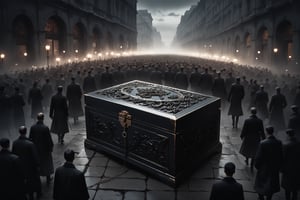 Dark Moody Atmosphere, {prompt}, dramatic, mysterious, dark moody atmosphere, masterpiece, beautiful and aesthetic, ultra detail, intricate, describing a dramatic picture of a group of people rushing to open a jewelry box