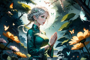 masterpiece, beautiful and aesthetic, ultra detail, intricate, 1female, a celestial ethereal ghostly Fairy, 50 years old, solo, detailed character design, grace, gentle nature, feminine soft face, light green eyes, gazing into the distance, (long hair, Braided updo, silver hair), hair ornament, tall, slender body frame, collarbone, bead_bracelet, (cheongsam, long sleeves, green), silver pants, (holding a bead_necklace), (full shot:1.5), dynamic pose, (a single hand in prayer pose), Chinese martial arts animation style, garden background, flowers, trees, butterflies, Inspired by Chinese mythology story