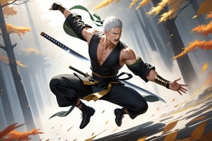 masterpiece, beautiful and aesthetic, ultra detail, intricate, 1male, solo, Roronoa Zoro features, detailed character design, fierce expression, open mouth, yelling, (white hair), exquisite body, strong abdominal muscles, (golden armlet:1.2 ), (black half gloves), black martial arts belt, (black Hanfu, sleeveless), black lace-up ankle brace, (he holds the golden sword high in both hand:2), (leaping in the air:2), (from above:1.5), dynamic pose, dramatic arc of light and shadow, Chinese martial arts animation style, peak, white smokes, mists. forests, mists, autumn leaves fluttering around