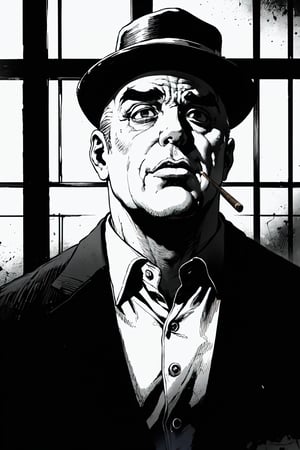 boichi manga style, monochrome, greyscale, he is Chicago gangster Al Capone, locked in a cell, looking out through the bars, with a chubby face, thick eyebrows, big eyes, big mouth and thick lips, scars on his cheeks, vicious Face, holding a cigar, wearing a round hat, tall and fat, wearing prisoner's clothing, ((masterpiece))