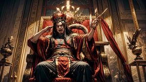Boichi Manga Style, A majestic portrait of a stout Chinese Emperor, seated upon his throne chair, adorned in a resplendent golden Taoist robe. His long, black hair cascades down his back, as he devours meat with an air of malevolent intensity. A scar above his left eye and flesh-fangs add to the regal menace emanating from his angry face. The emperor's throne chair is situated in the grandeur of a Chinese palace background, while the framing of the shot captures him in a dynamic pose, with a straight crown above, as if he's about to rise from his seat and assert his imperial dominance.