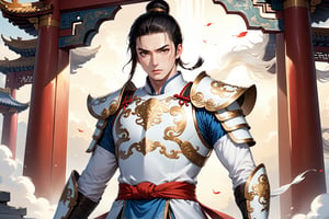 masterpiece, beautiful and aesthetic, ultra detail, intricate, (solo, 1male:1.5), 25 years old, detailed character design, Chinese mythology story, a heavenly guardian, serene expression, manly, bushy eyebrows, wide eyes, wide jaw, (black hair, a single hair bun), tall and lean, (Han Chinese clothing, armor, brown), upper body, dynamic pose, standing, holding a book, creating a picturesque view of a heavenly palace, bathed in soft, ethereal light.