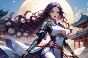 masterpiece, beautiful and aesthetic, ultra detail, intricate, In Chinese mythology, solo, 1girl, a heavenly guardian, big eyes, pink lips, pretty, long curly hair, purple hair, tall and thin, (Han Chinese Clothing, armor, pants), straight on, dynamic pose, poised as if ready to gallop into battle, creating a picturesque view of a heavenly palace, bathed in soft and ethereal light.