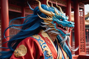 masterpiece, beautiful and aesthetic, ultra detail, intricate, 1man:2 AND 1Chinese dragon head, 55 years old, detailed character design, domineering, (messy blue hair, red mane), (fatty:1.5), golden dragon robe, upper body, dynamic pose, Inspired by Chinese mythology story, dragon palace