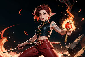 Chinese mythology, solo, 1female, monster_girl, short hair, dark red hair, fury, fangs, sexy lips, pointed ears, strong body, swarthy body, fire phoenix tattoo, (single wing behind), holding a mace, dark red vest, long pants, (full shot:1.2), (holding up a token:1.2), Chinese martial arts animation style