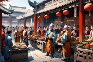 (Masterpiece, beautiful and aesthetic, ultra detail, intricate), Describes a market in ancient China, where an old man was making a speech to a group of people.