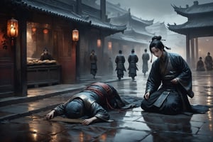 Dark Moody Atmosphere, {prompt}, dramatic, mysterious, dark moody atmosphere, masterpiece, ultra detail, intricate, describing a disabled person without arms and legs, crawling on the ground, begging for food from passers-by, street scenes in ancient China