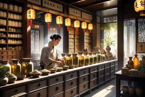 A serene composition captures the essence of an ancient Chinese medicine store. Soft, warm lighting illuminates the intricate details of the small drawers lining the walls, each containing various Chinese medicinal materials. The Chinese herbalist stands at the counter, busy preparing remedies with precision and care. His hands move deftly as he measures out herbs, his focused expression a testament to his dedication to his craft. The store's prosperity is reflected in the abundance of goods on display, while the calm atmosphere invites customers to linger and seek advice from the expert practitioner.