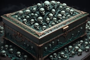 macabre style {prompt} . dark, gothic, grim, haunting, highly detailed, masterpiece, beautiful and aesthetic, ultra detail, intricate, describing a dramatic picture of a group of people rushing to open a deep green jewelry box