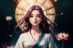 In Chinese mythology, solo, 1girl, beauty, detailed face, delicate features, serene expression, divine, big eyes, pink lips, long curly hair, purple hair, tall and thin, ethereal glow, celestial aura, warrior, armor, long robe, digital masterpiece illustration concept art of porcelain statue of buddha gautama, varasana, lotus, padmasana, bathed in soft, ethereal/natural light, boichi manga style