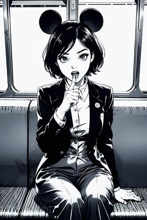 Boichi manga style, monochrome, greyscale, solo, a young lady, blone hair, trouser suit, Mickey Mouse ears, she was sitting in the train privacy compartment, surprised eyes, open mouth, (one finger point to the viewer), ((masterpiece))