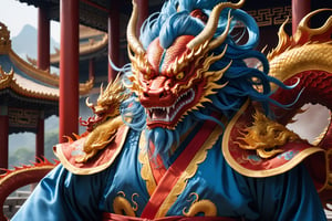 masterpiece, beautiful and aesthetic, ultra detail, intricate, [1man:Chinese dragon head:5], 55 years old, detailed character design, domineering, (messy blue hair, red mane), (fatty:1.5), golden dragon robe, upper body, dynamic pose, Inspired by Chinese mythology story, dragon palace, 2D anime style