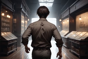 Dark Moody Atmosphere, {prompt}, dramatic, mysterious, dark moody atmosphere, masterpiece, beautiful and aesthetic, ultra detail, intricate, 1male, solo, 45 years old, Asian, detailed character design, (short dark brown hair:1.5), (thin body:1.5), light brown work shirt, pants, (full shot1.5), (back view:1.5), dynamic pose, (running:1.5), in the Asian antique shop, indoors